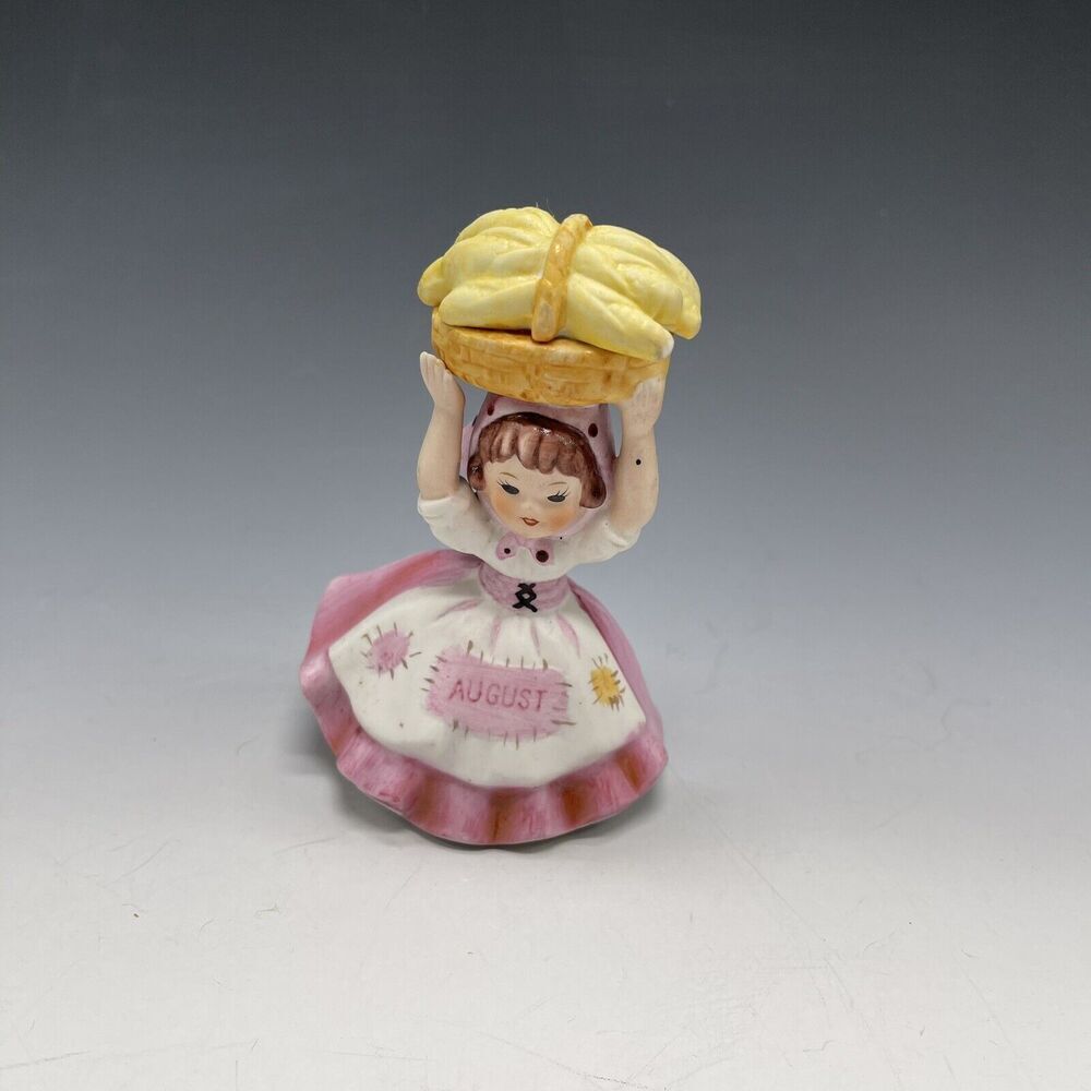 Lefton August Girl Figurine‎ Flower Baskets Pink Dress Handkerchief 4.5"